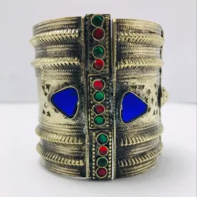 Vintage Kuchi Cuff Bracelet With Blue Glass Stones