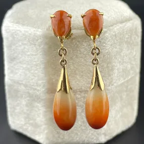 Vintage Natural Orange Jade Teardrop 14K Gold Earrings