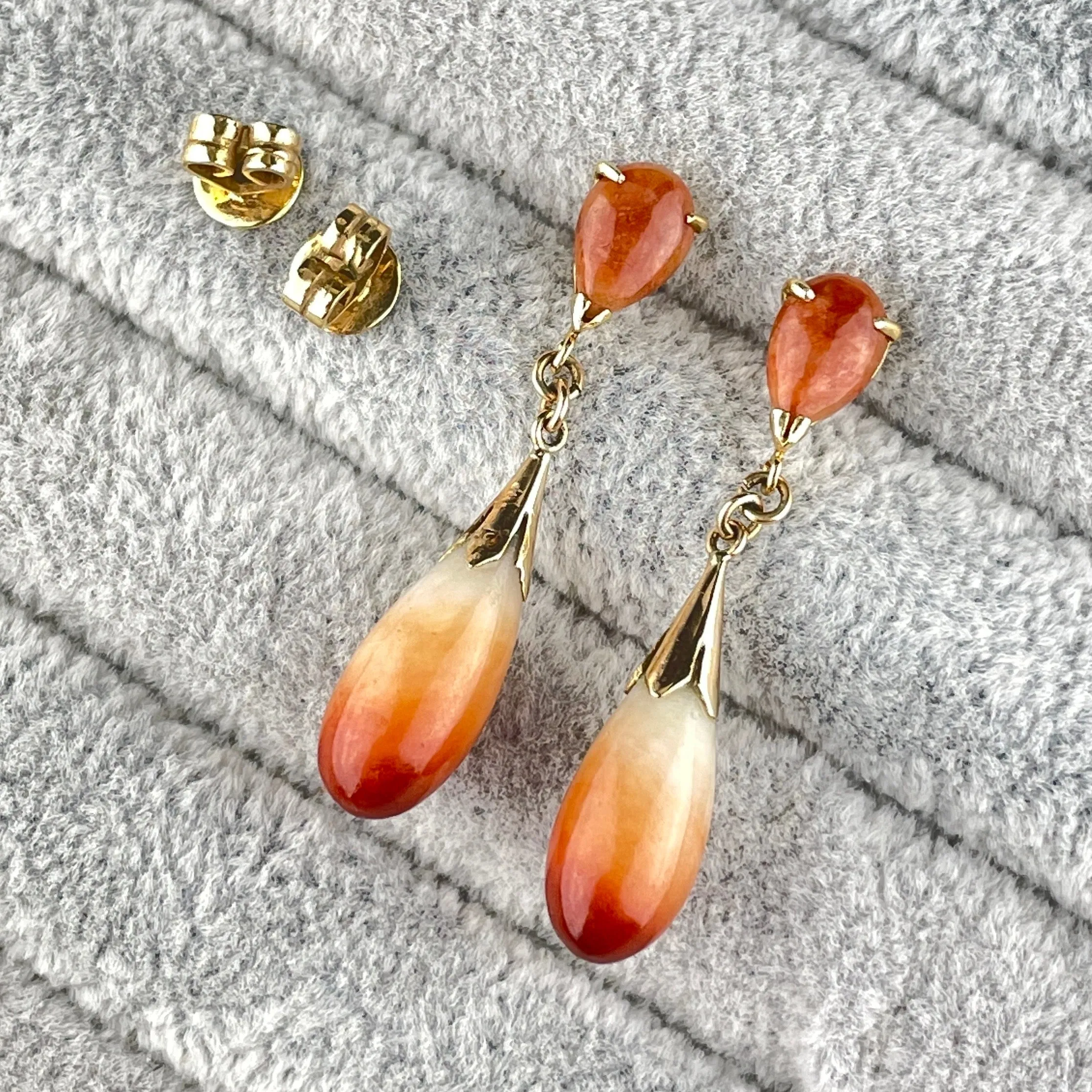 Vintage Natural Orange Jade Teardrop 14K Gold Earrings