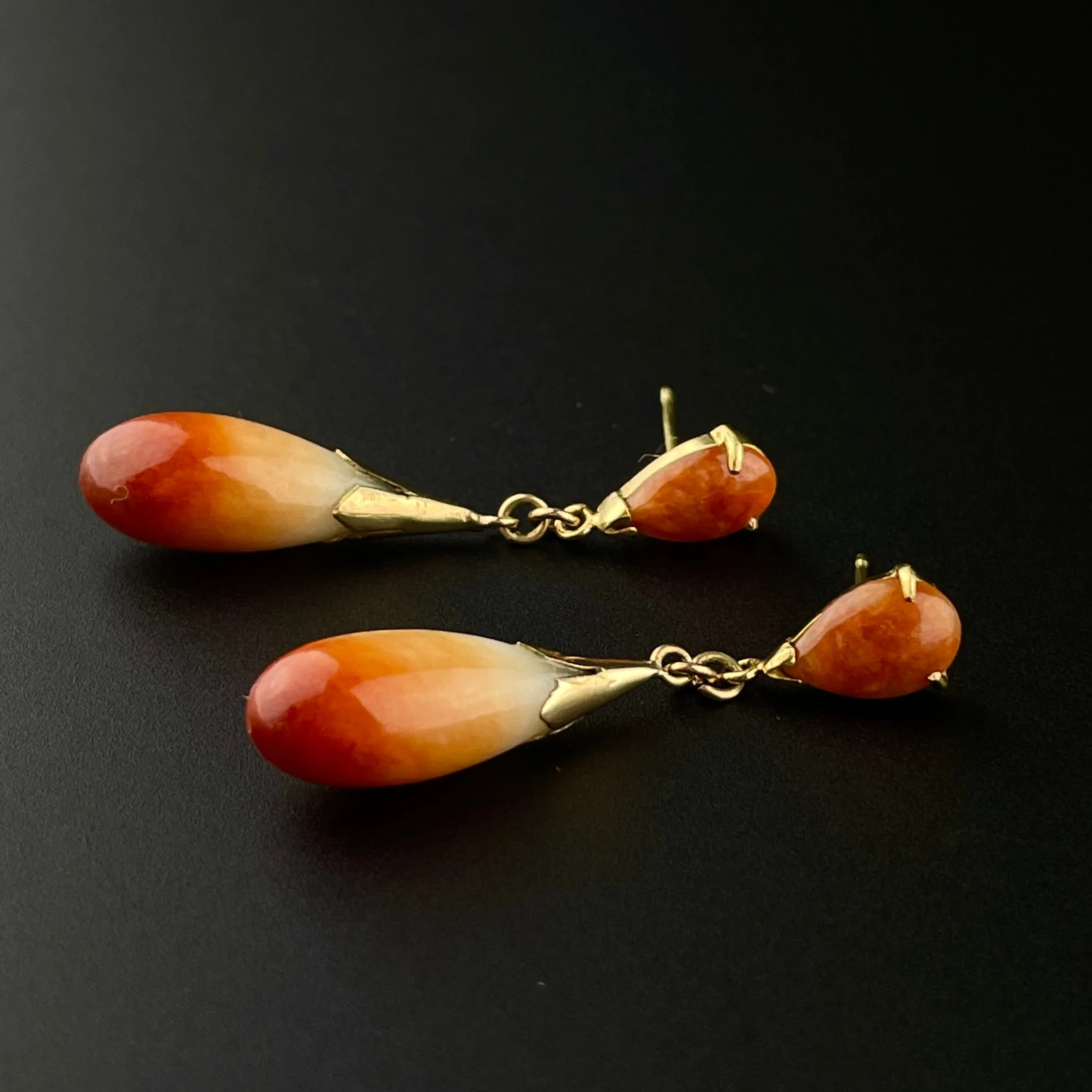 Vintage Natural Orange Jade Teardrop 14K Gold Earrings