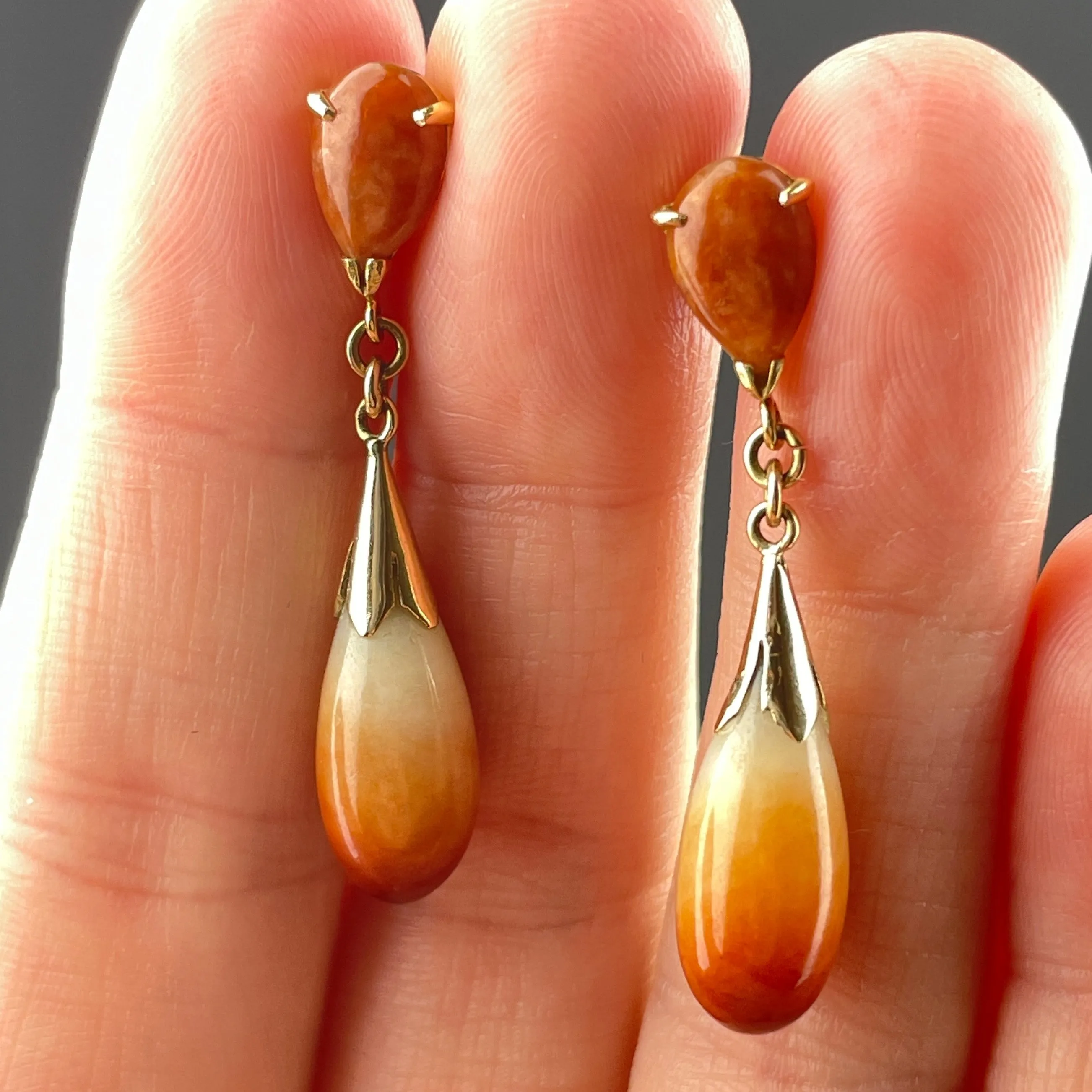 Vintage Natural Orange Jade Teardrop 14K Gold Earrings