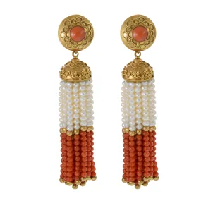 Vintage Retro Era 18KT Yellow Gold Estate Red Coral and Pearl Multi-Strand Hanging Earrings