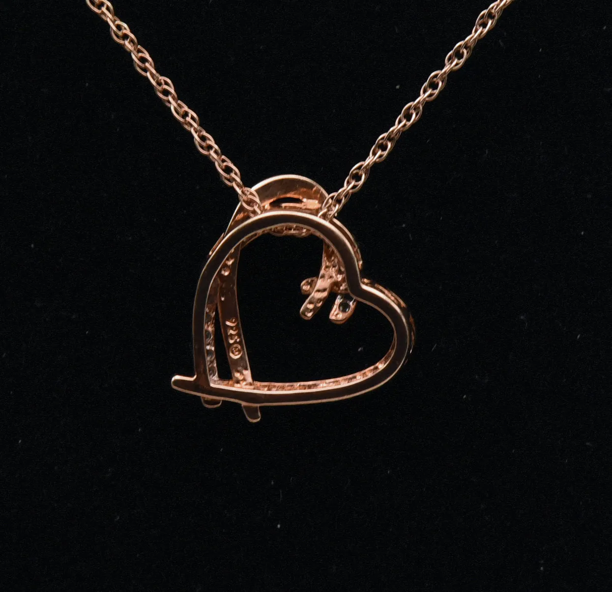 Vintage Rose Gold Tone Diamonds Heart Pendant Sterling Silver Chain Necklace - 18"