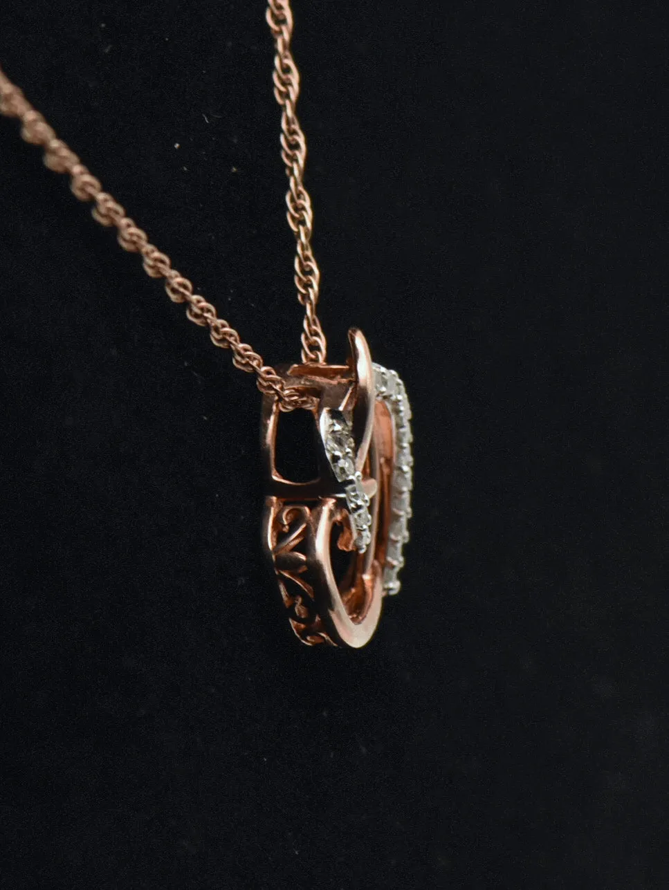 Vintage Rose Gold Tone Diamonds Heart Pendant Sterling Silver Chain Necklace - 18"