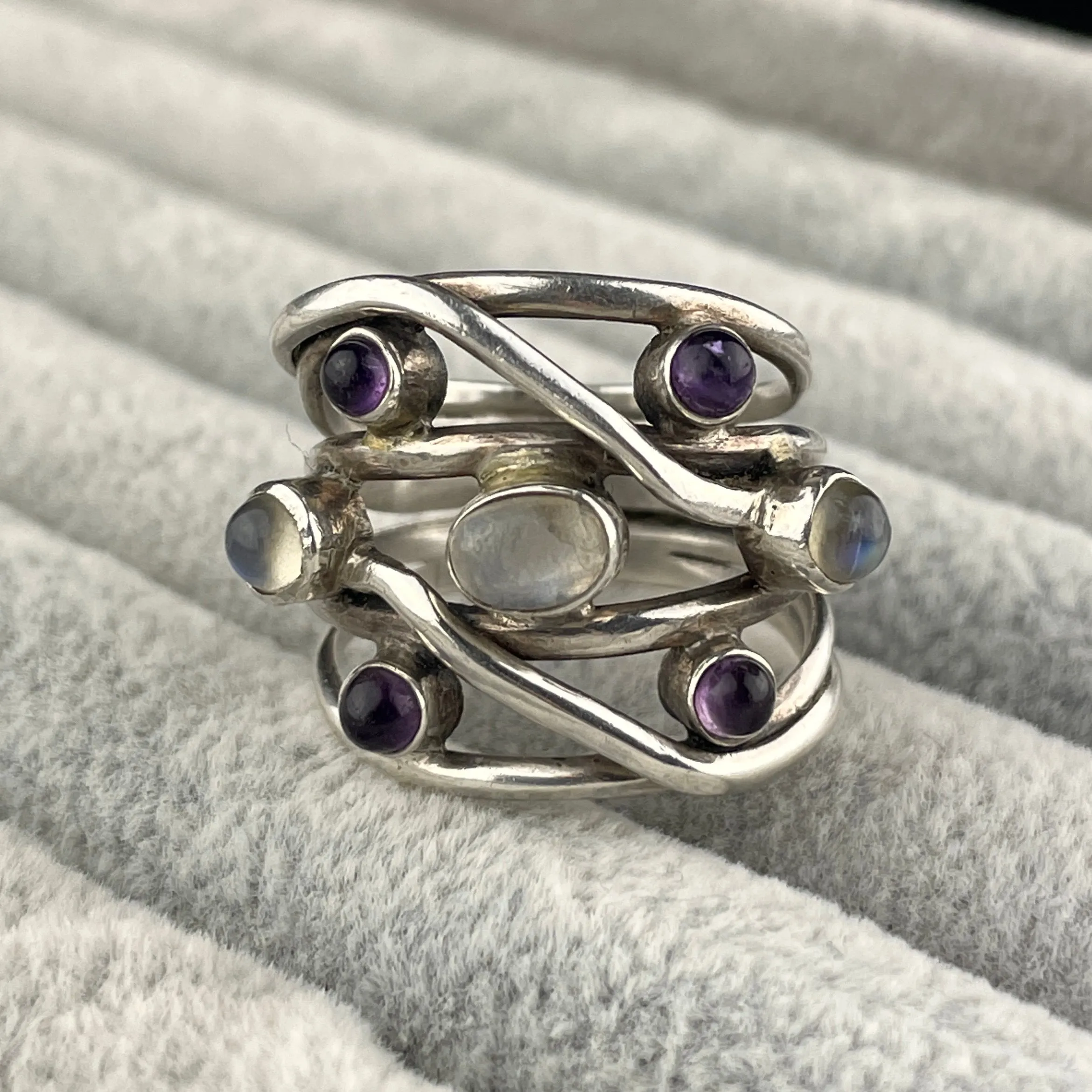 Vintage Sterling Silver Amethyst Moonstone Wrap Ring, Sz 8