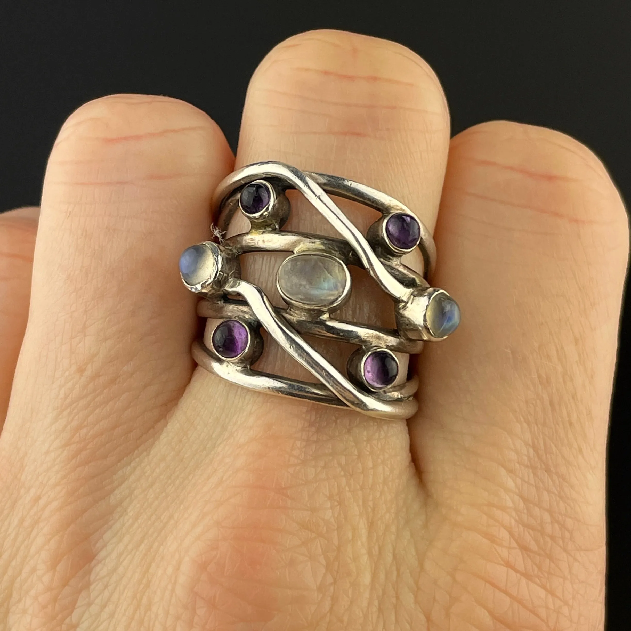 Vintage Sterling Silver Amethyst Moonstone Wrap Ring, Sz 8