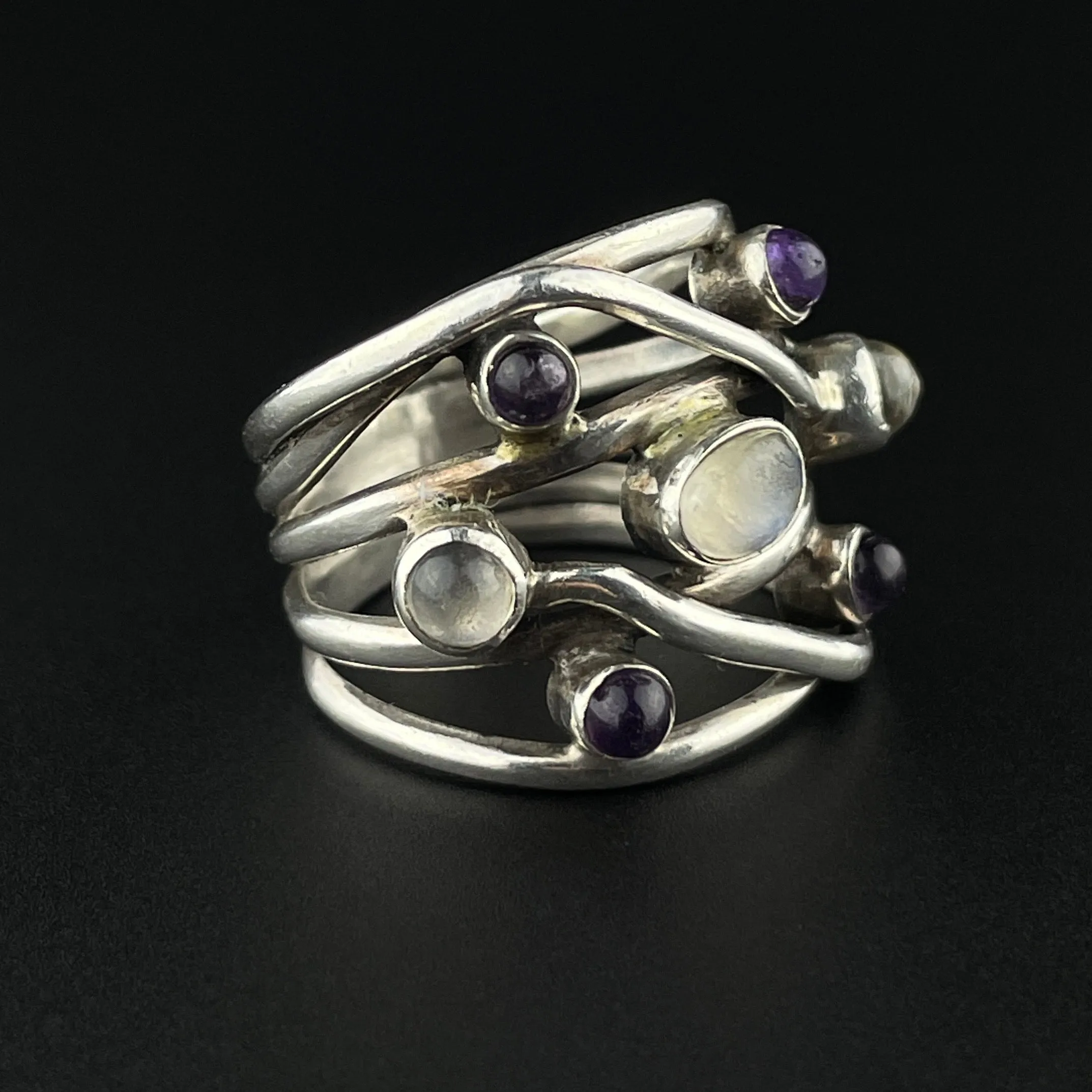 Vintage Sterling Silver Amethyst Moonstone Wrap Ring, Sz 8