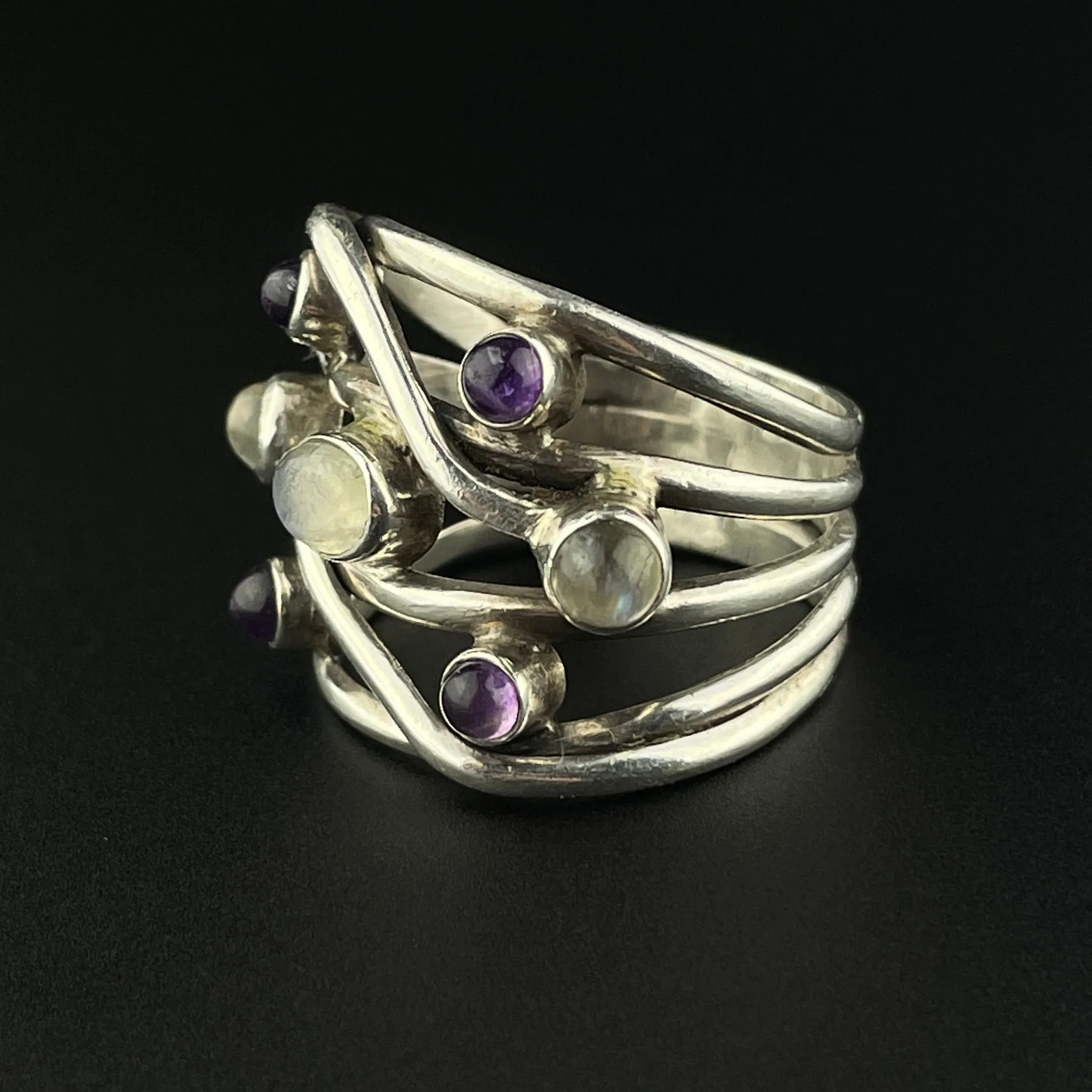 Vintage Sterling Silver Amethyst Moonstone Wrap Ring, Sz 8