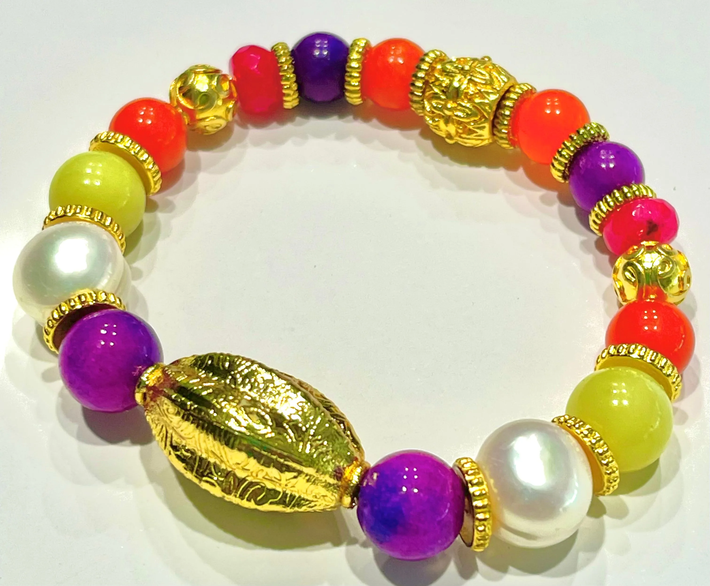 Vivid Multi-Gemstone Sugilite, Pearl & Quartz Gold Statement Bracelet