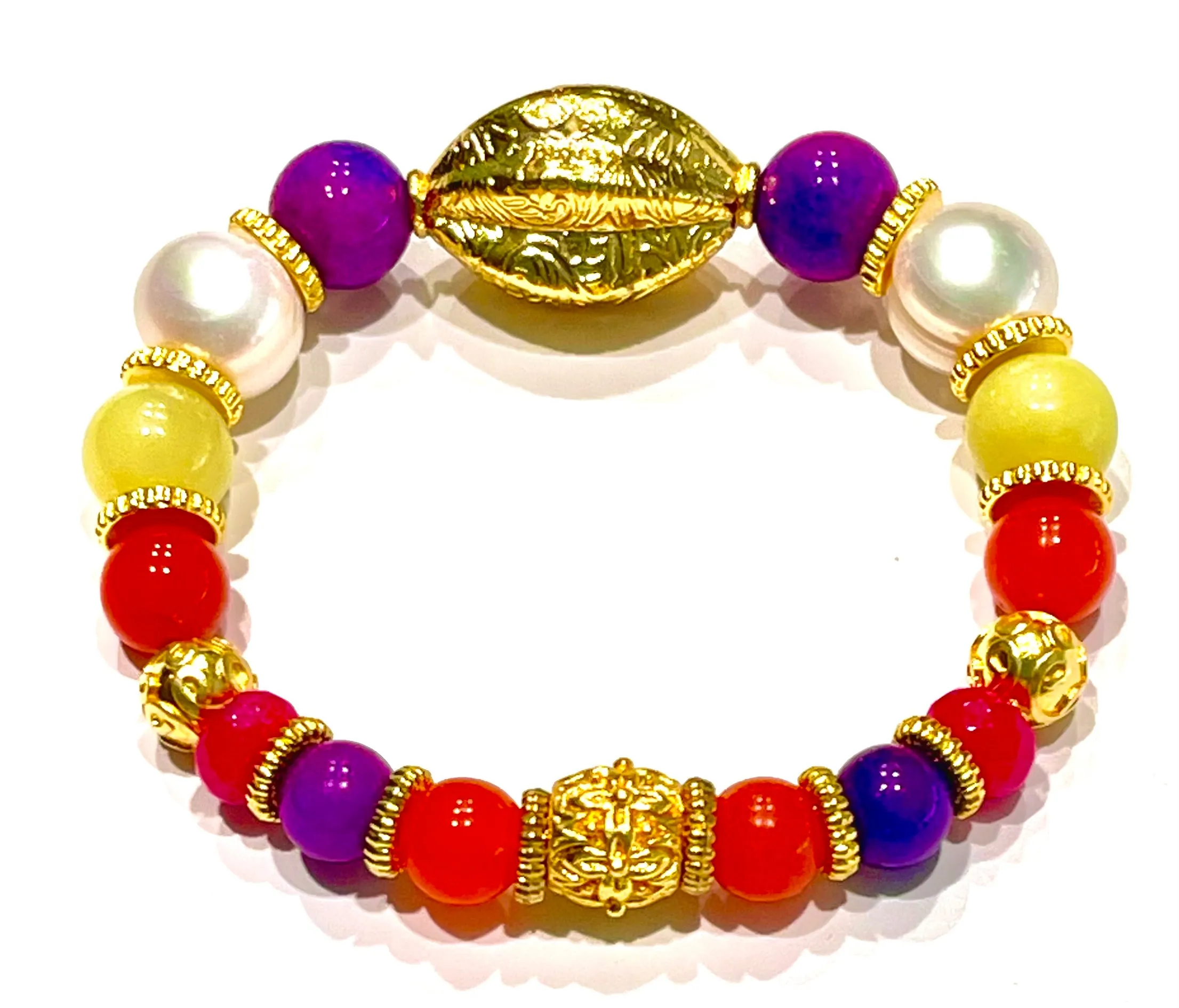 Vivid Multi-Gemstone Sugilite, Pearl & Quartz Gold Statement Bracelet