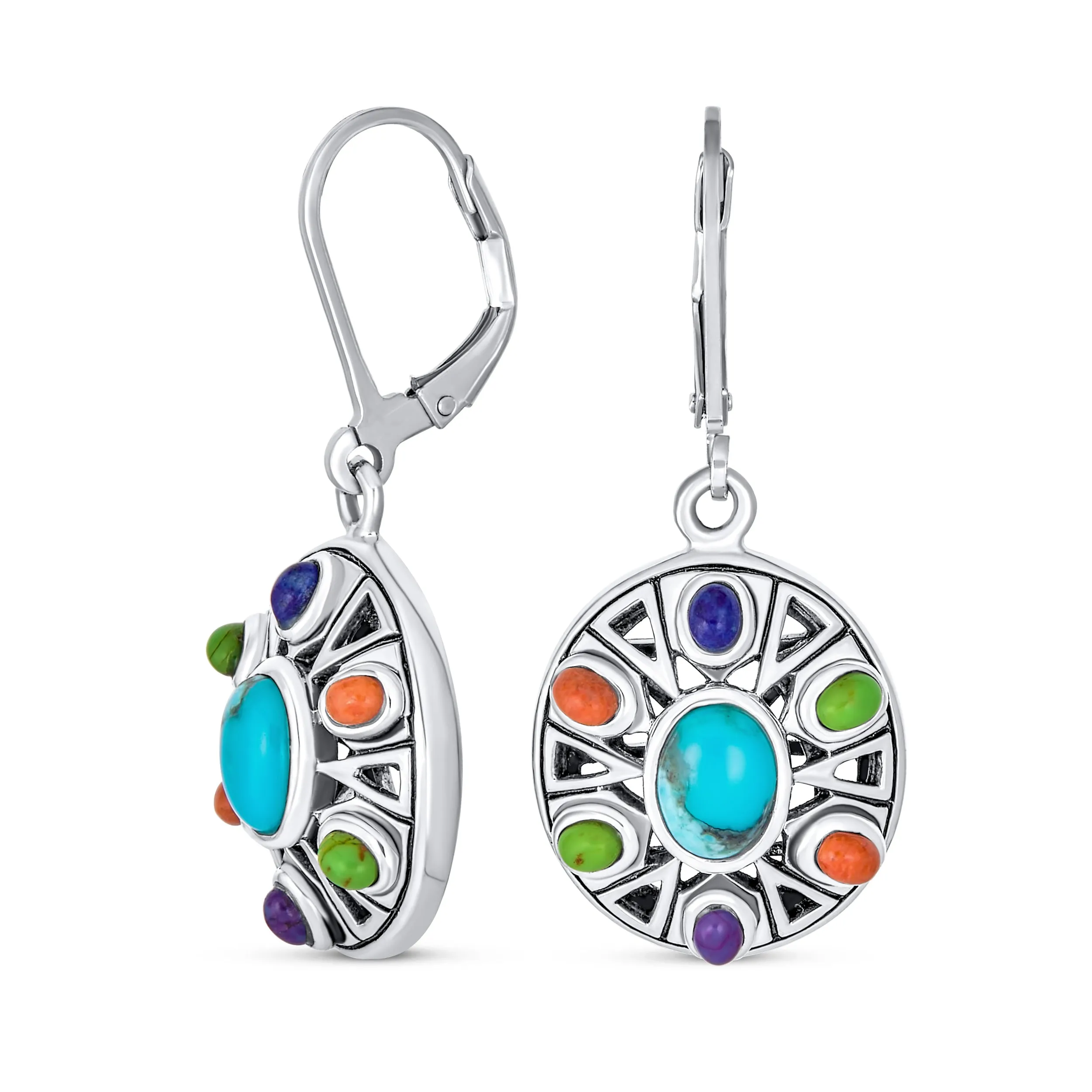 Western Jewelry Multicolor Dangle Gemstone Earrings Sterling Silver Lever Back