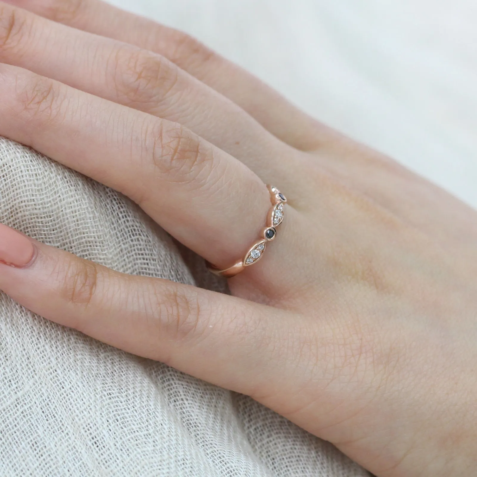 White and Black Diamond Ring in Scalloped Bezel Wedding Band