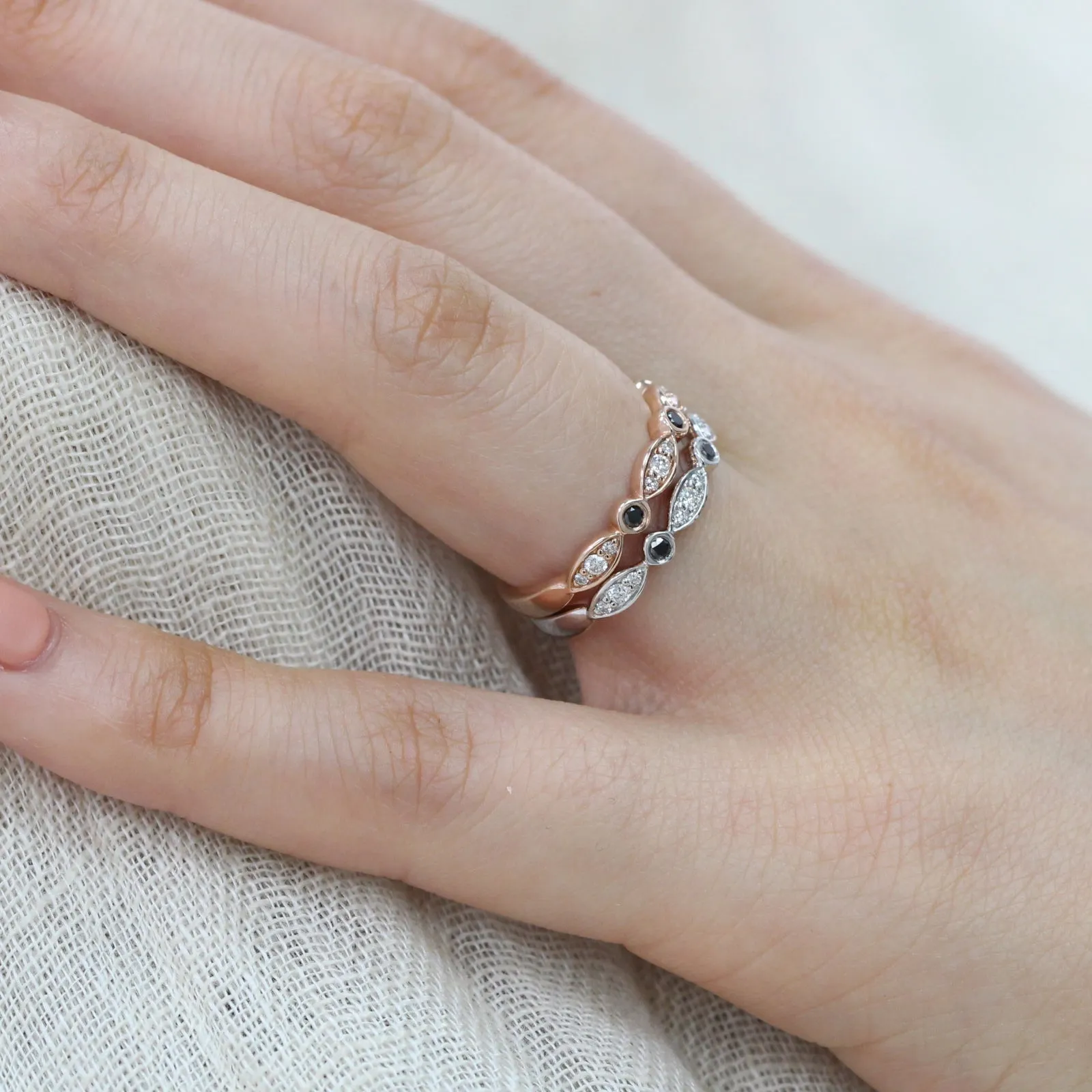 White and Black Diamond Ring in Scalloped Bezel Wedding Band