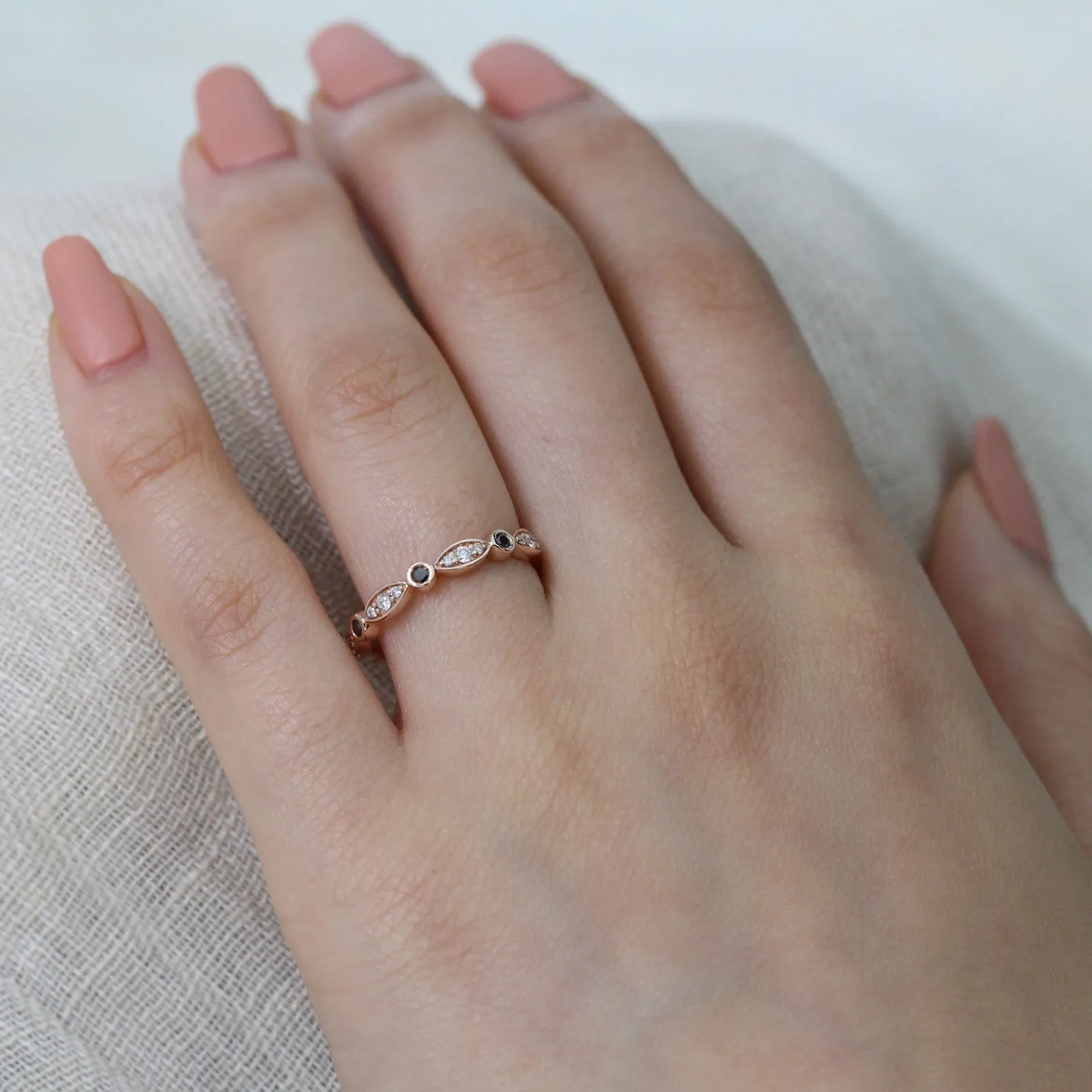 White and Black Diamond Ring in Scalloped Bezel Wedding Band