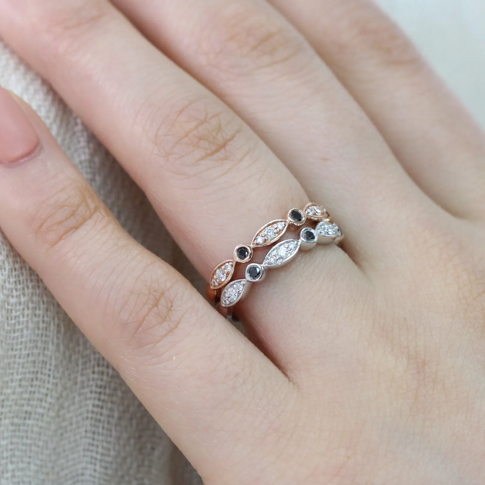 White and Black Diamond Ring in Scalloped Bezel Wedding Band