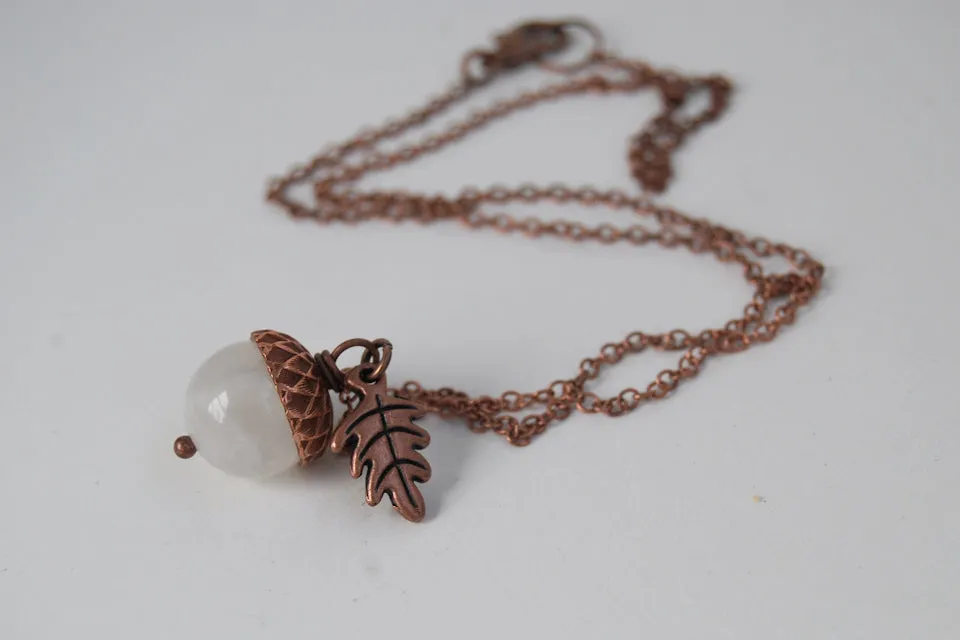 White Moonstone and Copper Acorn Necklace