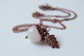 White Moonstone and Copper Acorn Necklace