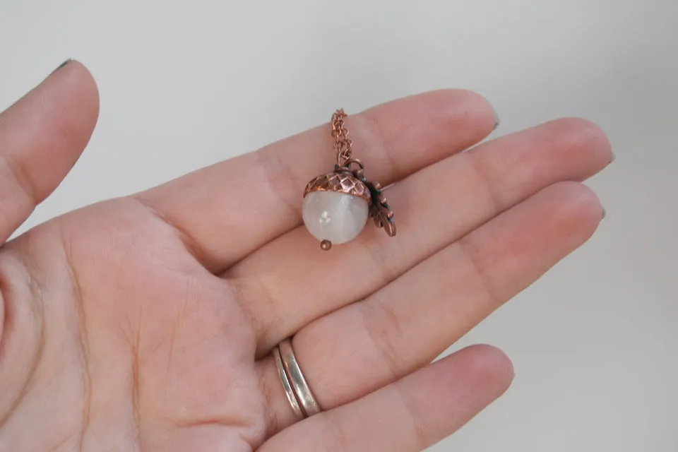 White Moonstone and Copper Acorn Necklace