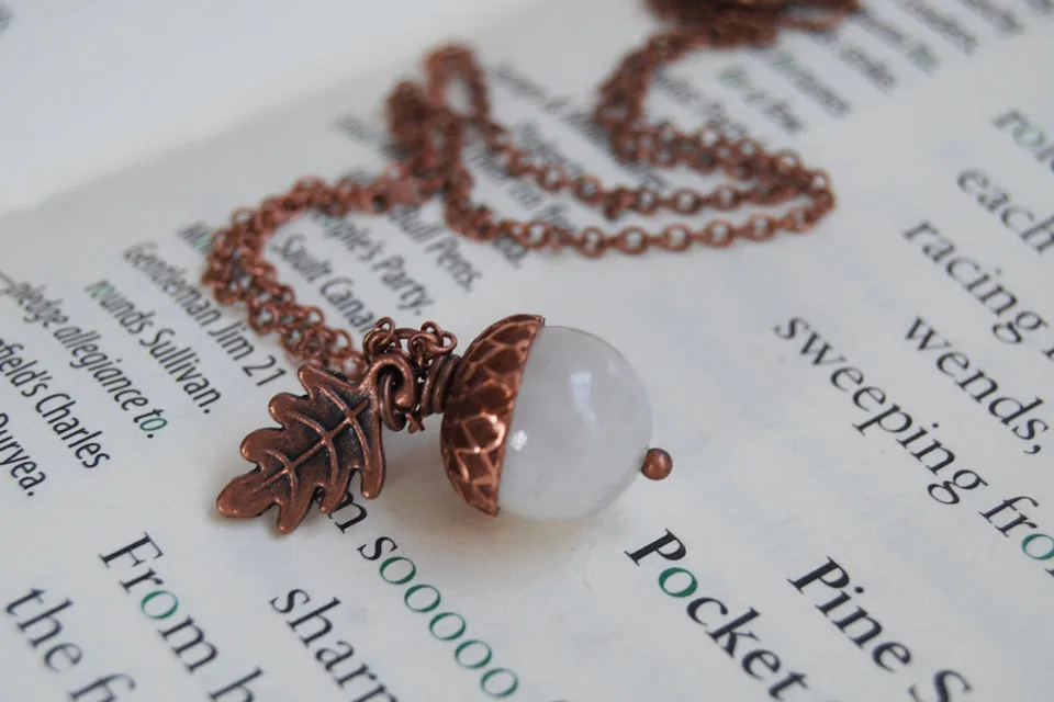 White Moonstone and Copper Acorn Necklace