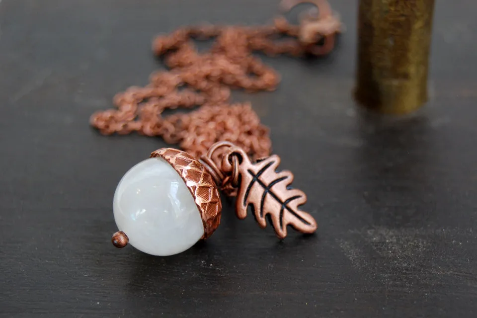 White Moonstone and Copper Acorn Necklace