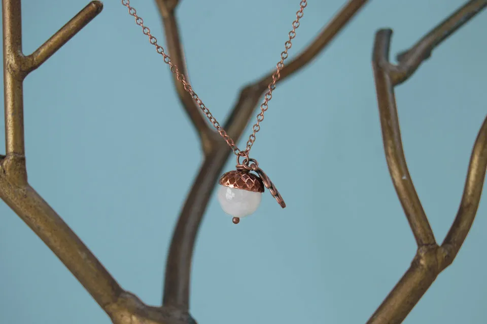 White Moonstone and Copper Acorn Necklace