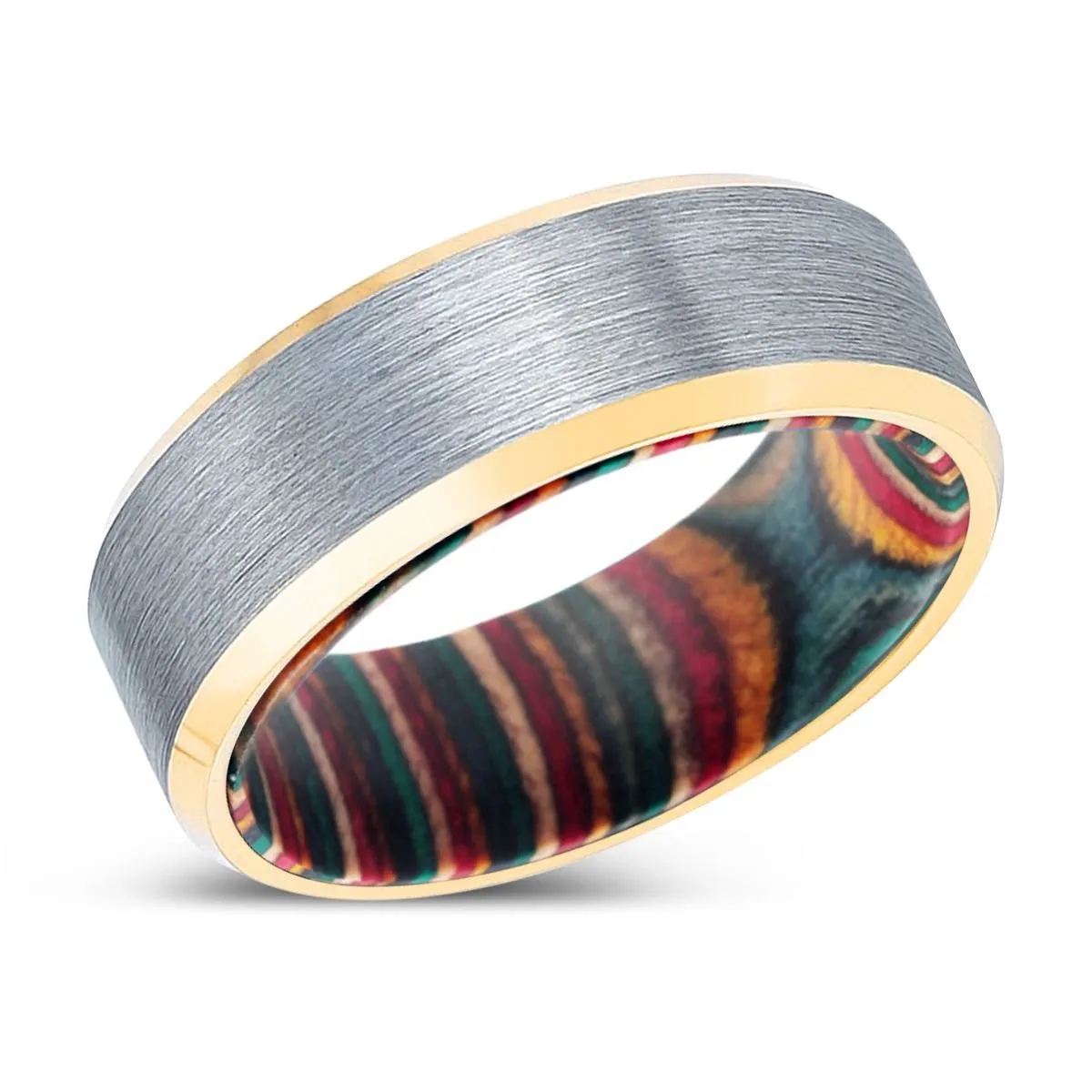 WODEROS | Multi Color Wood, Brushed, Silver Tungsten Ring, Gold Beveled Edges