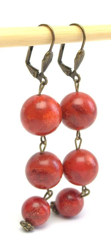 Woman Earrings Red Sponge Coral Earrings Long dangle earrings red gemstone antique bronze accents Ukrainian ethnic jewelry Personalized gift