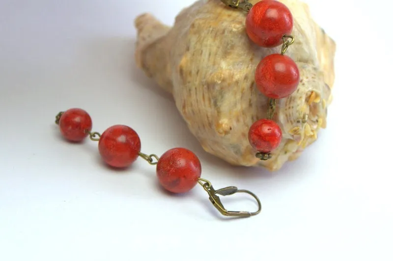 Woman Earrings Red Sponge Coral Earrings Long dangle earrings red gemstone antique bronze accents Ukrainian ethnic jewelry Personalized gift