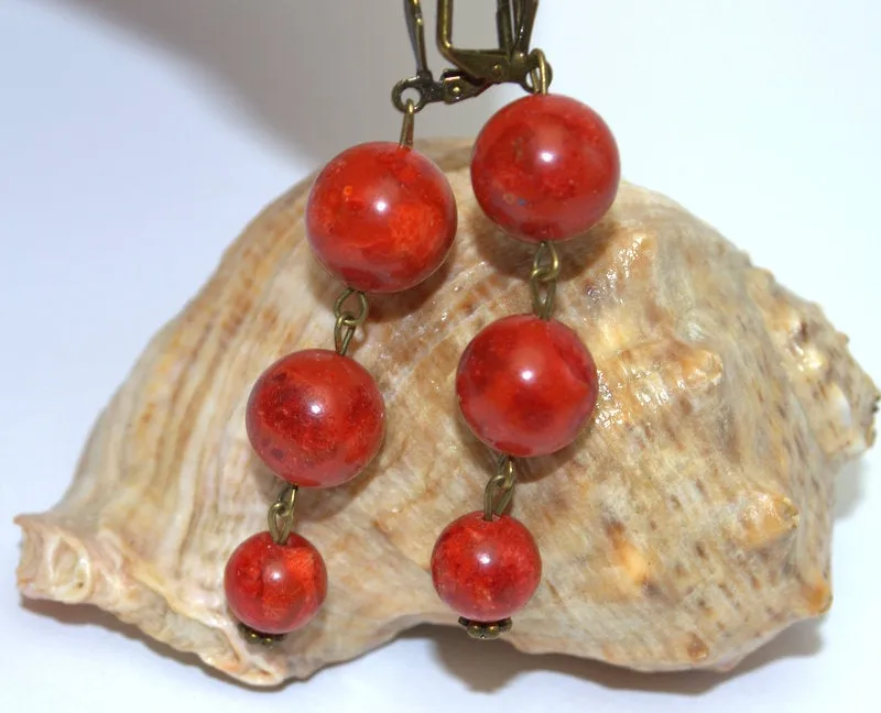 Woman Earrings Red Sponge Coral Earrings Long dangle earrings red gemstone antique bronze accents Ukrainian ethnic jewelry Personalized gift