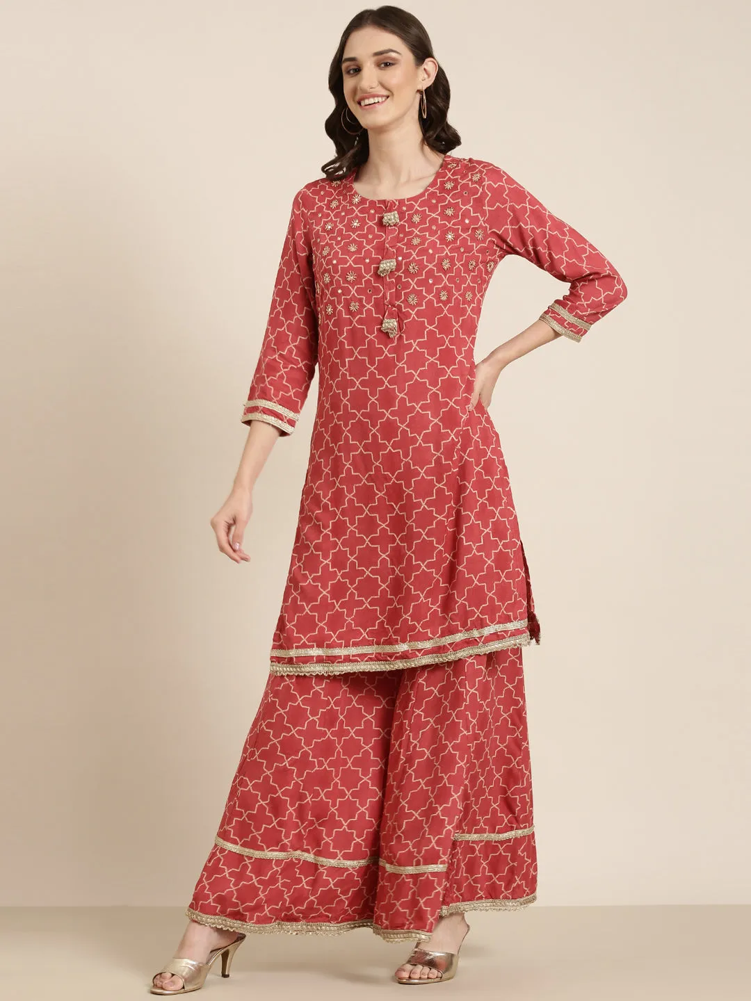 Women Coral Geometrical Kurta Set