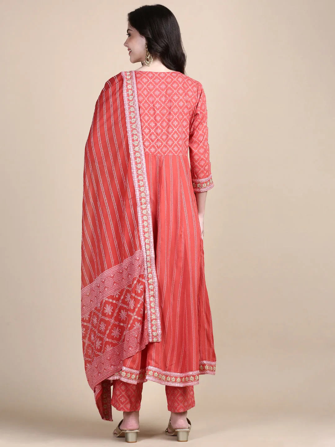 Women Ethnic Motifs Coral Anarkali Kurta Set with Dupatta and Potli Bag