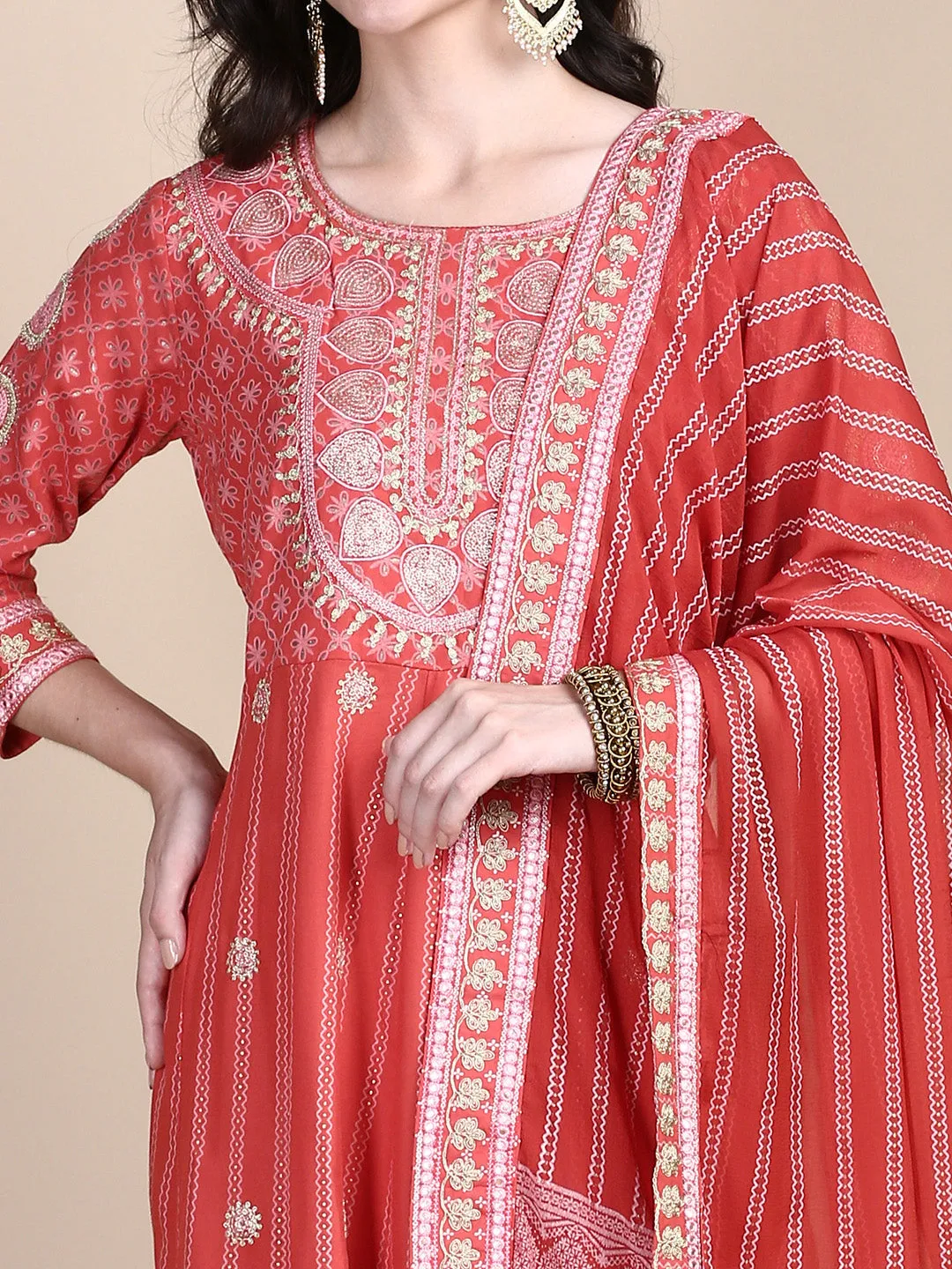 Women Ethnic Motifs Coral Anarkali Kurta Set with Dupatta and Potli Bag