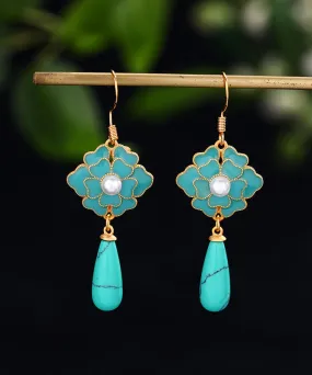 Women Grass Green Floral Gold Plated Turquoise Drop Earrings