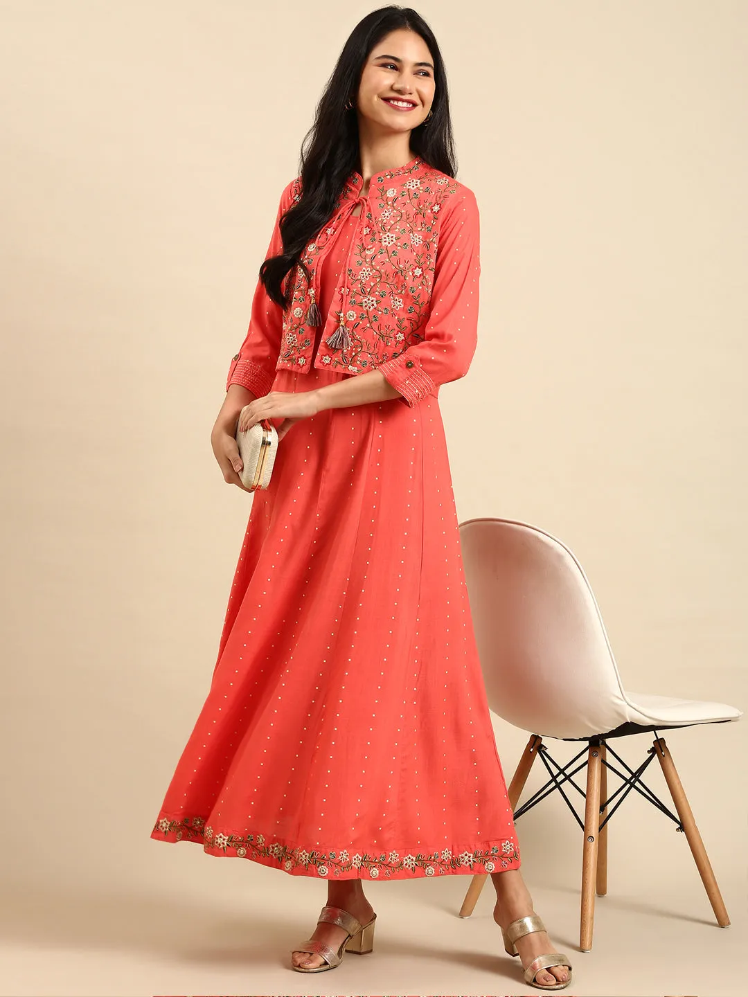 Women's Coral Printed Anarkali Kurta