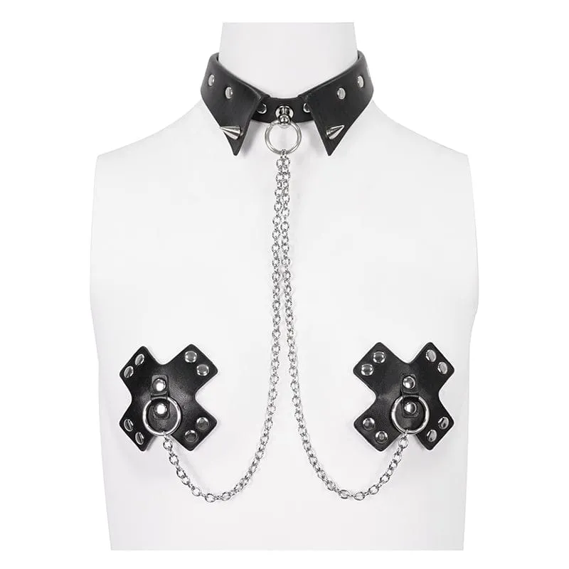 Women's Gothic Studded Chain Choker With Breast Covers