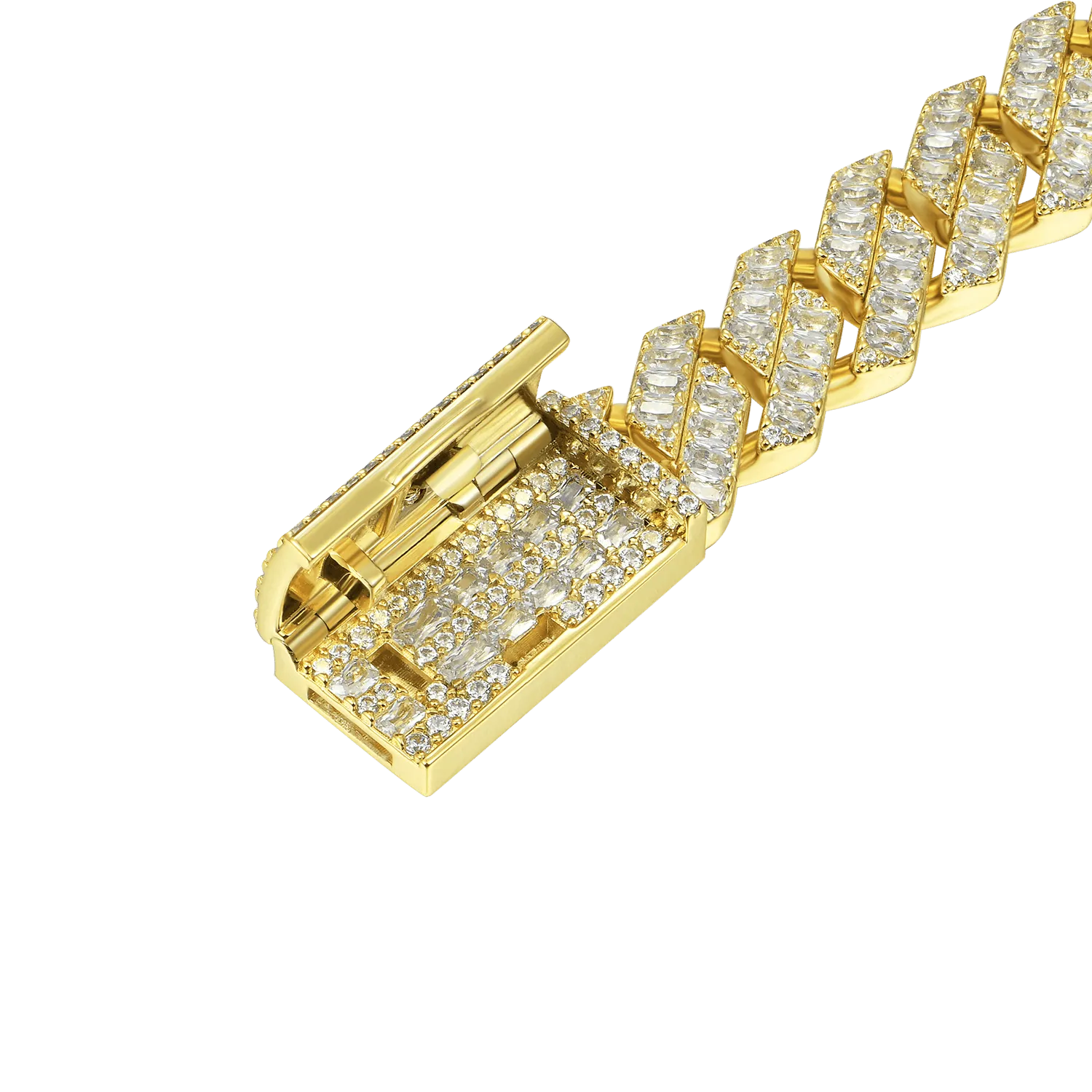 Yellow Gold Emerald Cut Prong Cuban Link Bracelet - 12mm