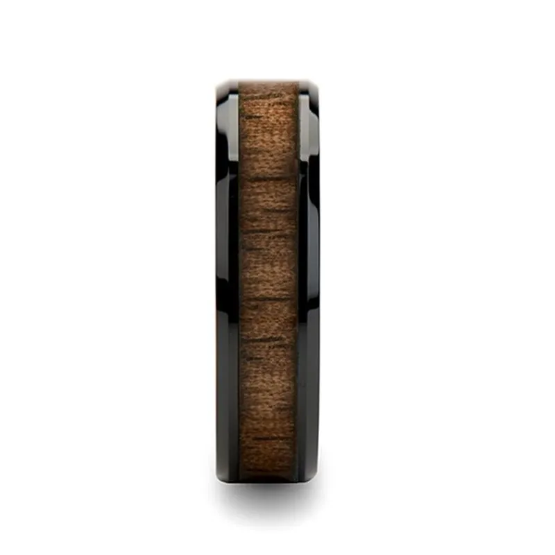 YUKON | Black Ceramic Ring, Black Walnut Wood Inlay, 10mm, 12mm