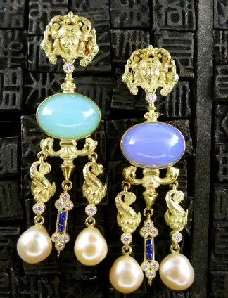 Yves Kamioner 18K Yellow Gold, Diamond, Sapphire, and Pearl Earrings